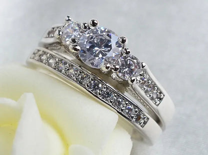 Sz6-9 10kt Wedding&Engagement Ring Bridal set White Gold Filled Three Stone CZ Lady Band