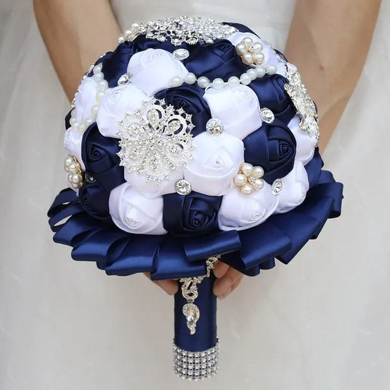 20CM Navy Blue & White Silk Rose Wedding Bouquet Pearl Rhinestone Brooch Bridal Bouquet Ribbon Artificial Flower Creative Holding Flowers