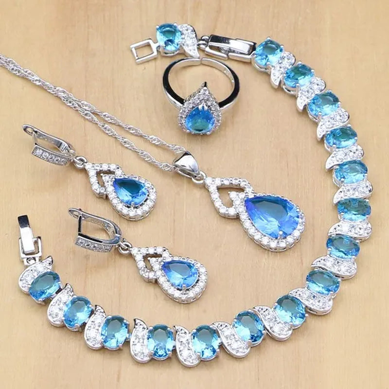 925 Silver Jewelry Sets Blue Sapphire White Topaz Open Rings Earrings Pendant Necklace Bracelet for Bridal Women