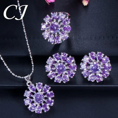 CANDICE BLUE Zirconia Stone Flower Stud Earrings Necklace Ring Fashion Sterling Silver Plated Jewelry for Christmas Party