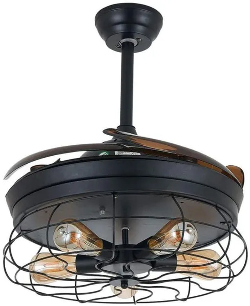 36 Inch Ceiling Fan with Light Industrial Ceiling Fan Retractable Blades Vintage Cage Chandelier Fan with Remote Control