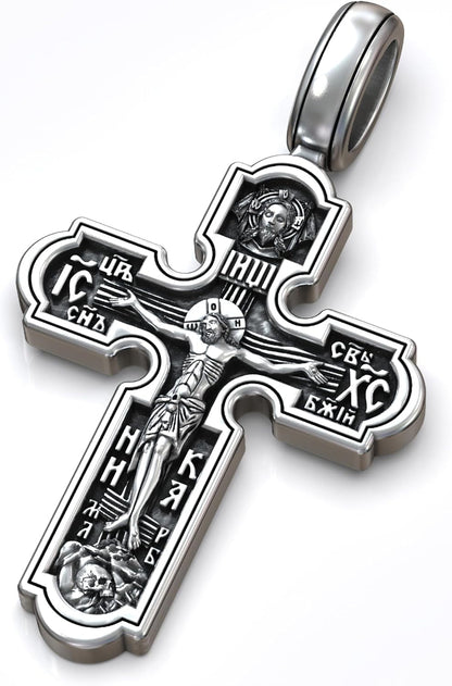 Eastern Orthodox Cross Necklace for Men Women - 925 Sterling Silver - Jesus Christ Crucifix Pendant Necklace with Chain 20 Inches - Unique Christian Religious Jewelry - Handmade