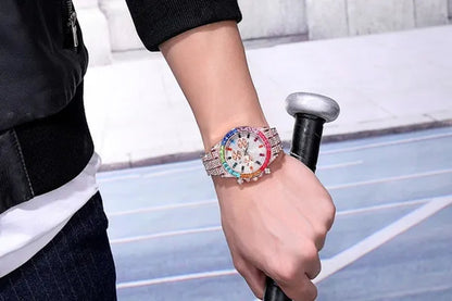 Men Watch Luxury Brand Mens Gold Men Watch Quartz Clock Chronograph Colorful Diamond Steel Iced Out Watch Reloj Hombre