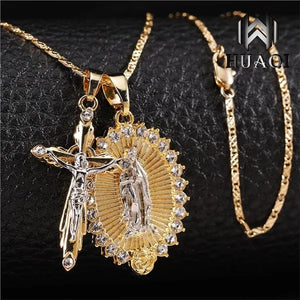 New Fashion18k Gold Plated Setting CZ Diamond Virgin Mary Necklace + Cross Necklace INRI Crucifix Jesus Piece Pendant Women Jewelry Christmas Gifts