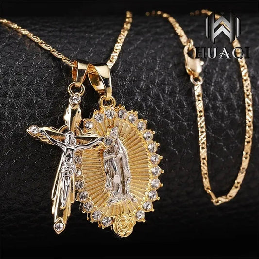New Fashion18k Gold Plated Setting CZ Diamond Virgin Mary Necklace + Cross Necklace INRI Crucifix Jesus Piece Pendant Women Jewelry Christmas Gifts