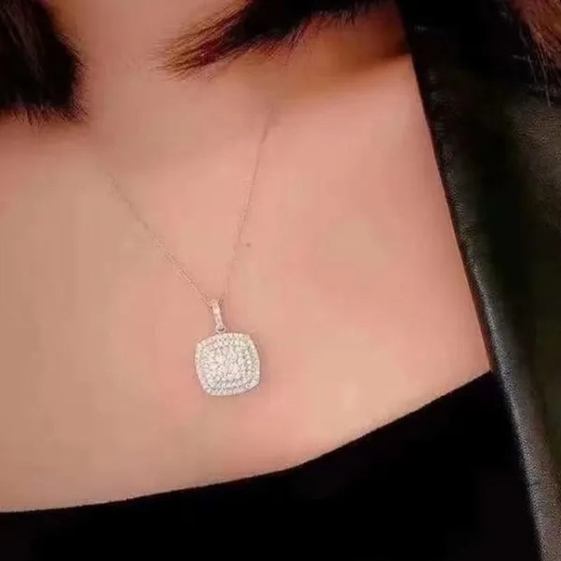 Delicate Pave Setting Diamond Square Pendant Necklace for Women Bridal Wedding Fashion Accessories