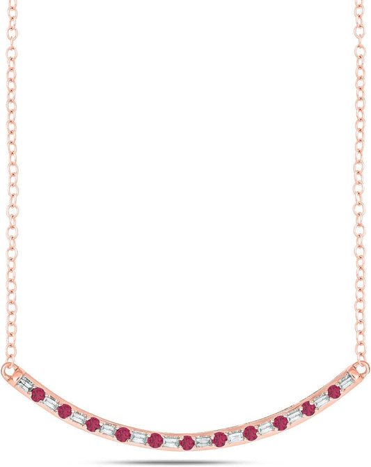 1/8Cttw Baguette and round Gemstone Necklace for Women, Diamond and Gemstone Bar Necklace in 14K Yellow, Rose or White Gold, Women'S Curved Line Necklace in Choice of Four Natural Gemstones, 18" Chain