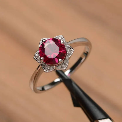 Ruby Ring Sterling Silver Wedding Engagement Ring Round Cut Red Gemstone Ring July Birthstone Sunflower Ring