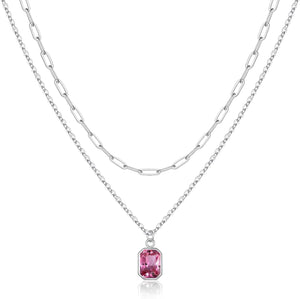 Layered Birthstone Necklace for Women Girls, Gold Silver Rose Gold Plated Layered Paperclip Chain Choker Necklace with Rectangle Birthstone Pendant Birthday Gifts for Women Girls Jewelry