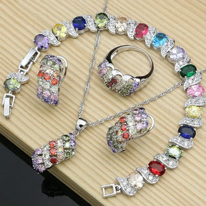 Silver 925 Gemstones Jewelry Sets for Women Ring Earrings Necklace Sapphire Ruby Amethyst Female Wedding Wholesale
