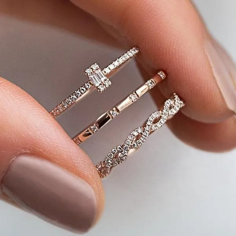 3PCS/Set Charm Cubic Zirconia Thin Stackable Twisted Ring Set Women Zircon Engagement Wedding Rings Band Rose Gold Plated Rings Jewelry Size US 5 -10