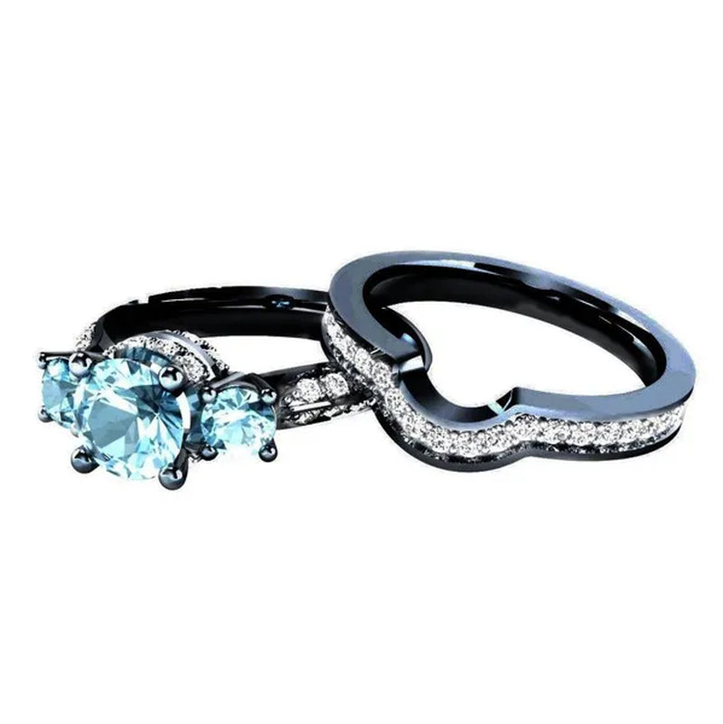 Sz6-12 His and Hers Couple Rings Wedding Engagement Rings Set Women's Aquamarine Black Gold Ring and Men's Titanium Steel Ring Jewelry