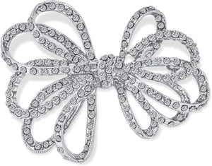 Winter Holiday Blue White Glittering Crystal Bridal Fashion Large Statement Ribbon Scarf Bow Brooch Pin for Women Rose Gold or Silver Plated
