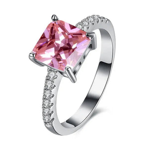 Women 18K White Gold Plated Square Rainbow Sapphire Crystal Wedding Ring Bridal Jewelry