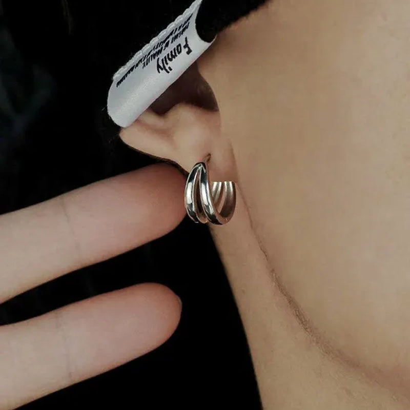 1Pair Stainless Steel Hoop Earrings Punk Multilayer round Double Hip Hop Pierced Stud Earrings