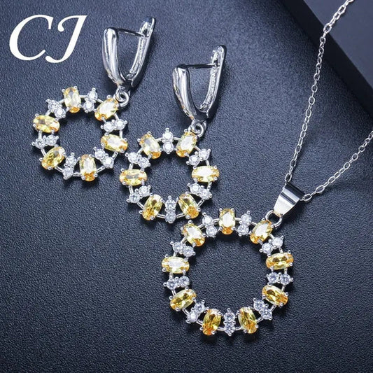 CANDICE Oval Yellow Platinum Plated Costume Party Jewelry Set Fashion Hollow Out Round Dangle Necklace Hoop Earrings with Silver Plated for Women Accessories