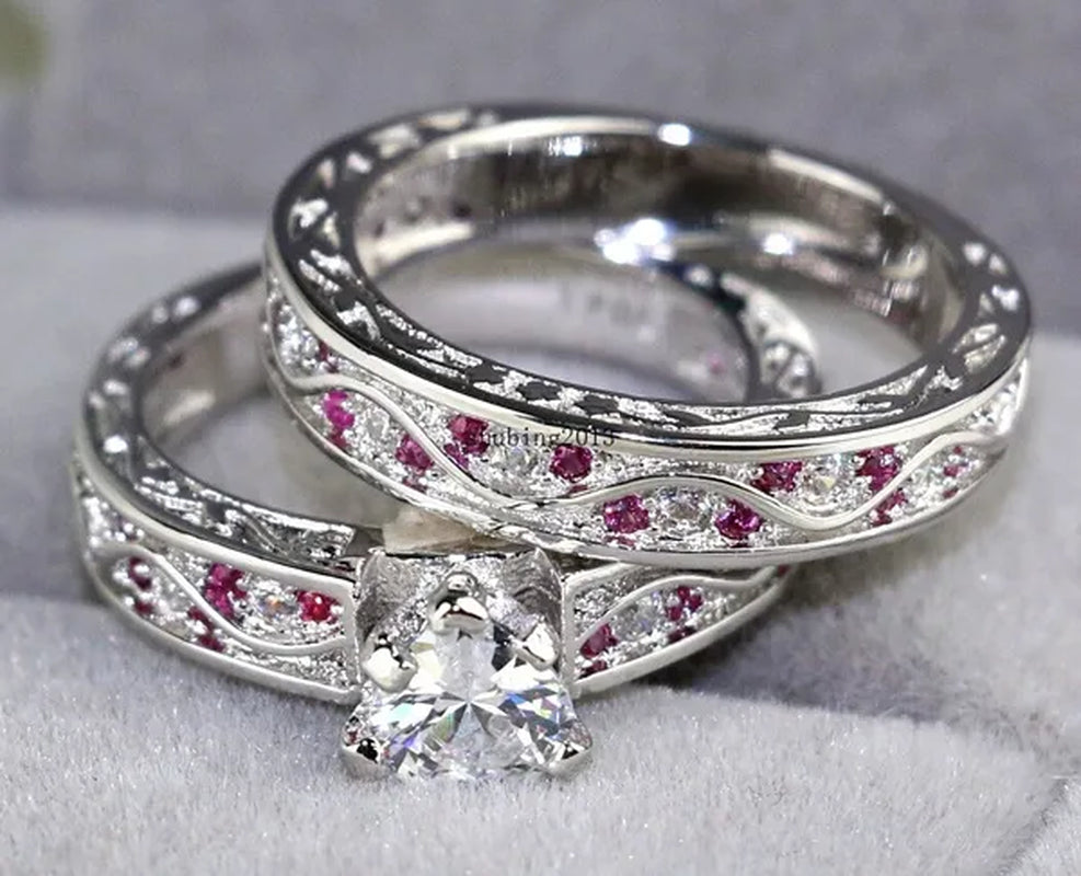 TWO RINGS Sz6-12 Couple Rings His Hers Ruby Heart Shape Cz Womens Ring Tungsten Steel Ring
