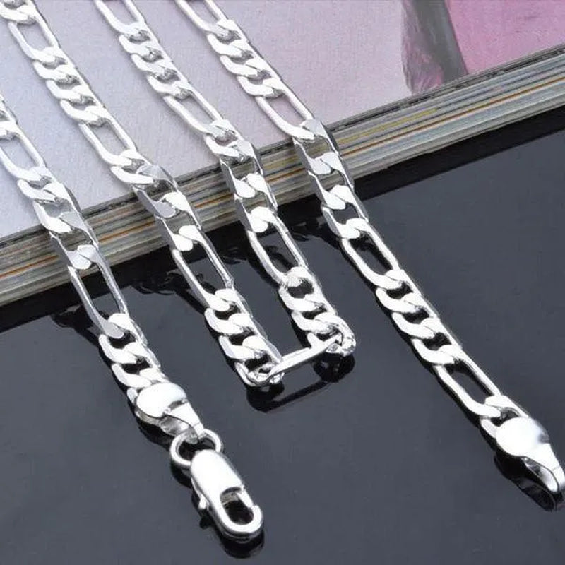 2pcs/Set(Bracelet+Necklace) Charm Men Women Figaro Curb Link Chain Bracelet Necklace Fashion 925 Sterling Silver Exquisite Jewelry Gifts