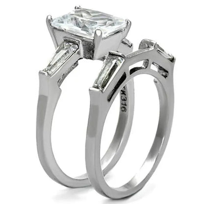 Women's Stainless Steel 316 Emerald Cut Zirconia Engagement Wedding Ring Set Size 5-10