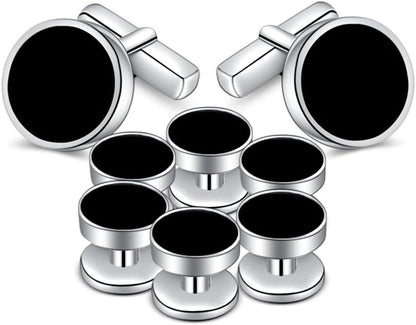 Mens Onyx Cufflinks and Studs Set Silver Black Cufflinks for Men Tuxedo Shirts Business Wedding Gift