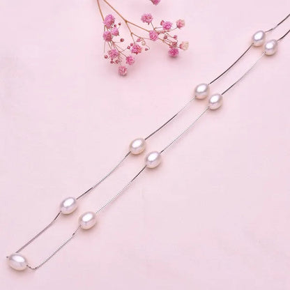 Real 925 Sterling Silver Natural White Ellipse Freshwater Pearl Chain Necklace for Women Gifts FEIGE