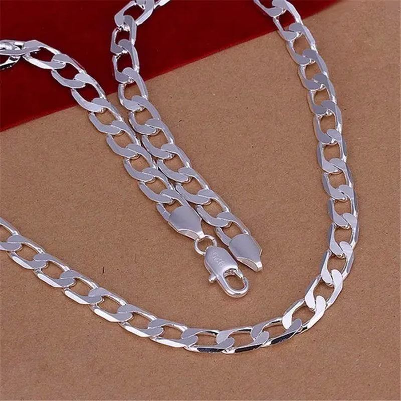 925 Sterling Silver Jewelry Set Flat Sideways Necklace Bracelet Chain for Men and Women-Fashion Wedding Engagement Jewelry-Genuine Sterling Silver
