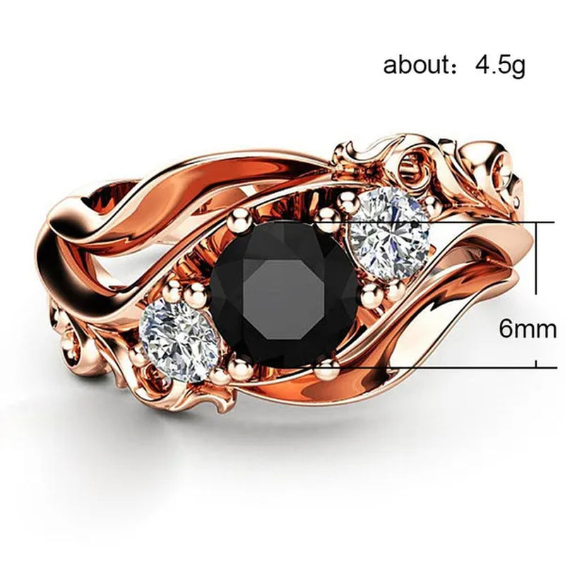 Temperament Obsidian Rose Gold -Plated Ring Fashion Flower Line Black Diamond Claw Set Twisted Belt Design Rose Gold Female Engagement Wedding Ring Birthday Anniversary Gift (Size: 5-11)