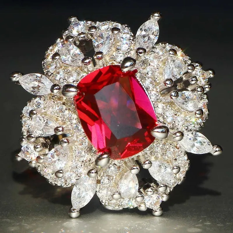 Gorgeous  Silver Natural Gemstones White Sapphire & Ruby Ring Wedding Birthstone Bride Engagement Multilevel Square Ring Jewelry Size 6 7 8 9 10