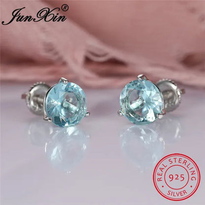 8MM 925 Silver/14K Gold/Rose Gold round Cut Light Aqua Blue Aquamarine Stud Earrings round Lab Diamond Screwback Stud Earrings