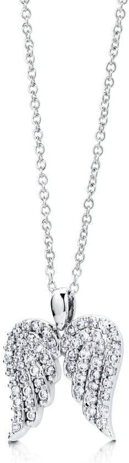 Sterling Silver Angel Wings Cubic Zirconia CZ Fashion Pendant Necklace for Women, Rhodium Plated