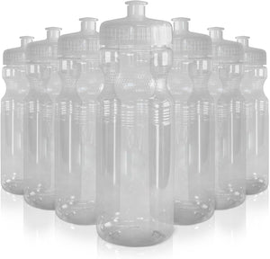 24 Oz. Bulk Water Bottles, 10 Pack, Made in USA, Blank Plastic Reusable Water Bottles for Gym, Cycling, BPA Free, Plastic Water Bottles Pull Top Cap for Sports, Clear