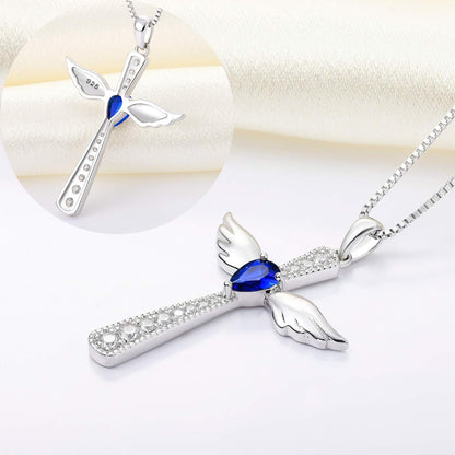 Cross Necklace 925 Sterling Silver Angel Wings Pendant Teardrop Cubic Zirconia Criss Jewelry