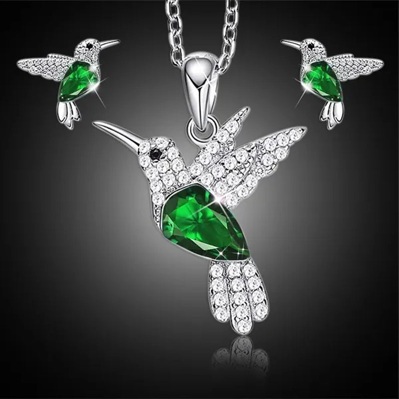 Hummingbird Silver Jewelry Set Women Pendant Necklace and Stud Earring Set Crystalsfine Animal Jewelry, Gift for Mothers Day