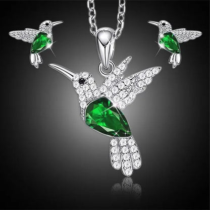 Hummingbird Silver Jewelry Set Women Pendant Necklace and Stud Earring Set Crystalsfine Animal Jewelry, Gift for Mothers Day