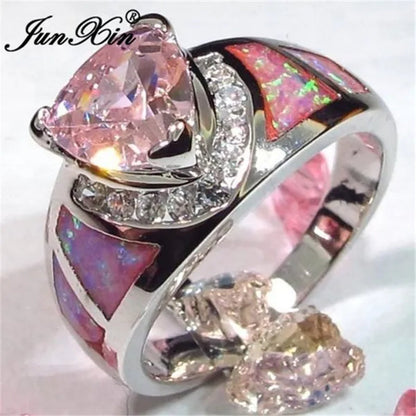 Junxin Triangular Heart Pink Sapphire Opal Ring 925 Sterling Silver Women Wedding Jewelry Size 6/7/8/9/10