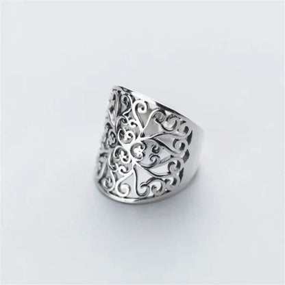 Wide Face Hollow Flower Vintage Open Ring 925 Pure Silver Carving Women's Ring Size Adjustable Opening