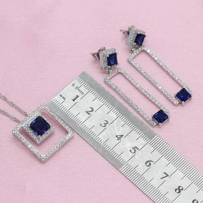 Women Fashion Silver Blue Zircon Ring Earrings Bracelet Pendant jewelry sets