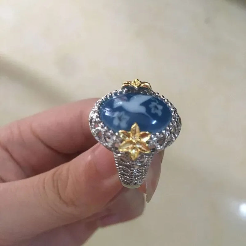 Exquisite Bridal  Ring White Bird Pigeon Dove Blue Wax zircon Jewelry  Flower Exaggerated Engagement Cocktail Party Wedding Band Rings for Women