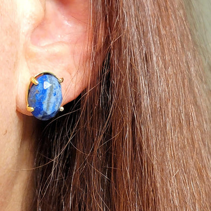 Real Natural Stones Lapis Lazuli Earrings Oval Faceted Stud Earrings Gold-Filled Genuine Gemstone USA