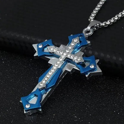 Fashion Men's Creative Diamond Cross Necklace Double Pattern Jesus Cross Pendant Hip Hop Necklaces for Men Cross Jewelry Religious Belief Amulet Birthday Anniversary Gift