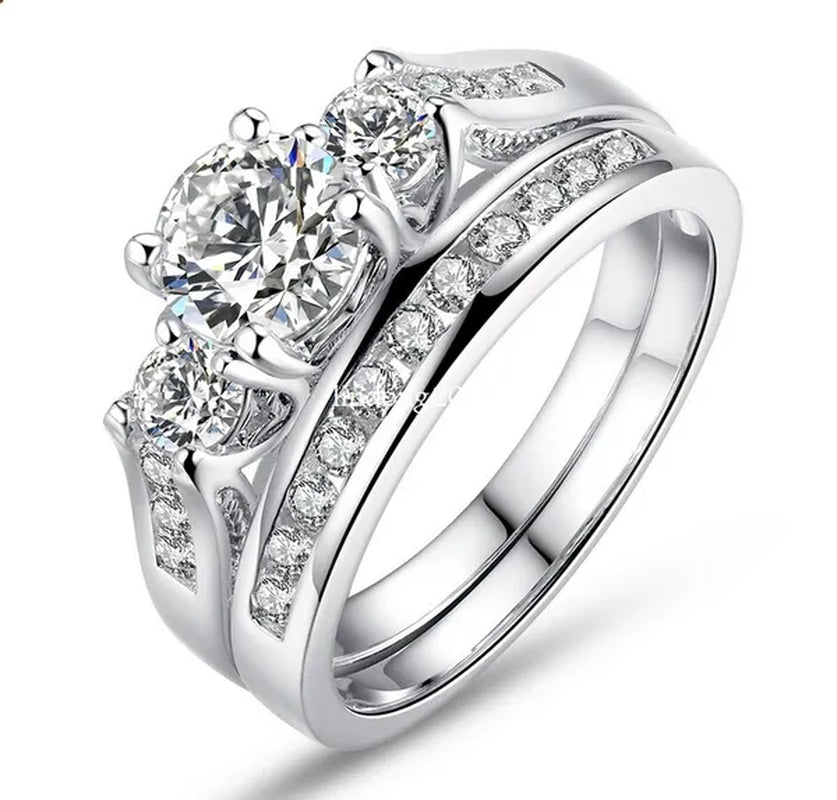 Sz6-9 10kt Wedding&Engagement Ring Bridal set White Gold Filled Three Stone CZ Lady Band