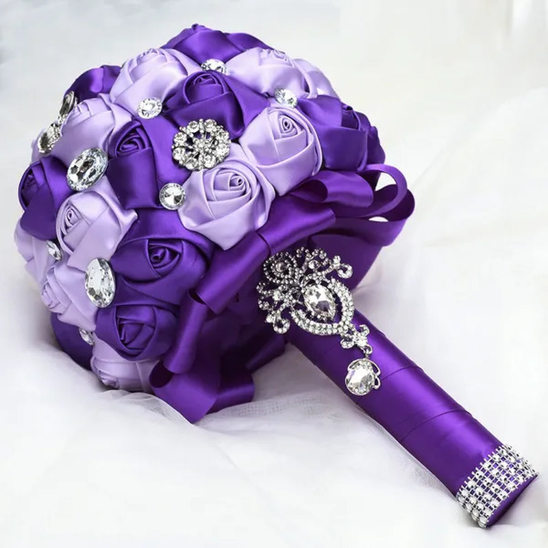 20CM Satin Ribbon Rhinestone Simulation Flowers Bridal Bouquet Handmade Diamond Brooch Wedding Bouquet Bridesmaid Holding Flowers