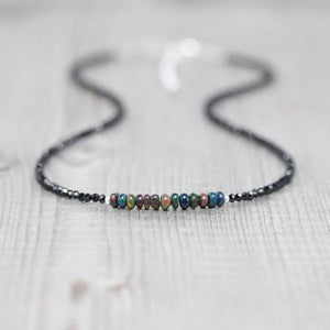 Ethiopian Welo Opal & Black Spinel Necklace. Sterling Silver, Rose, Gold Filled. Dainty Gemstone Choker.