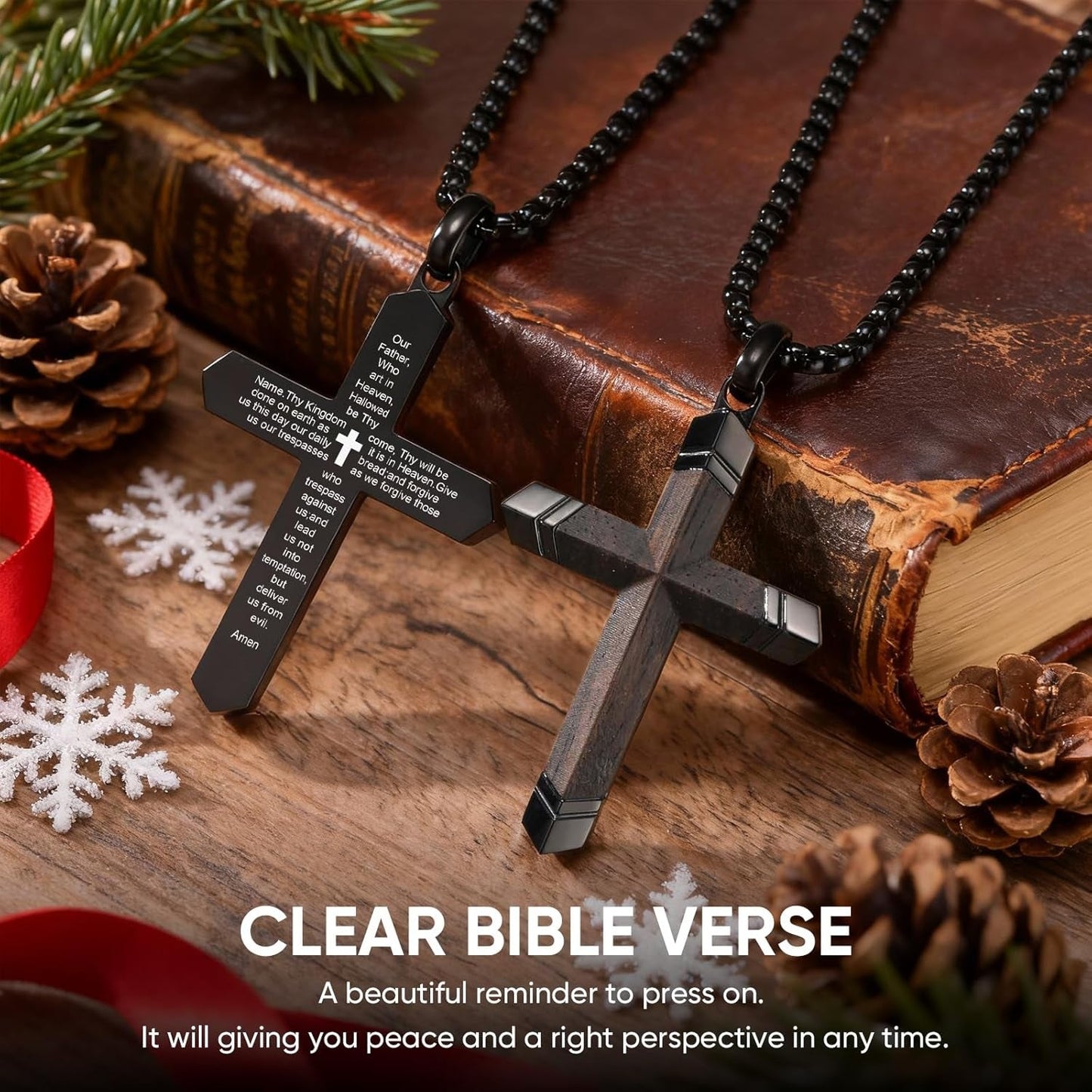 Wooden Cross Bible Verse Necklace for Men, Hawaiian Handmade Real Black Ebony Wood Cross Pendant Stainless Steel Chain, Mens Cross Necklaces Koa Wood Jewelry Christian Baptism Easter Gifts