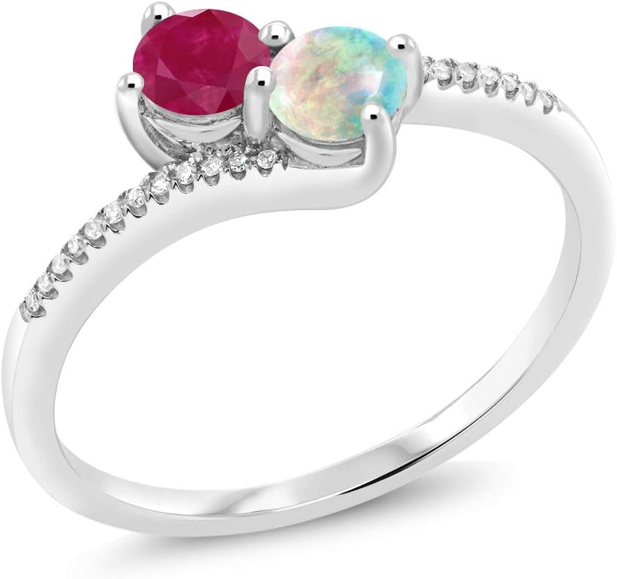 10K White Gold Forever United 2 Stone Red Ruby and White Simulated Opal and Diamond Engagement Ring for Women (0.72 Cttw, Round, Avaiable in Size 5,6,7,8,9)