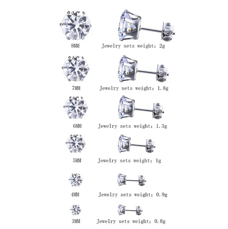 6 Pairs Stud Earrings Set, Hypoallergenic Cubic Zirconia Silver Earrings 3-8Mm