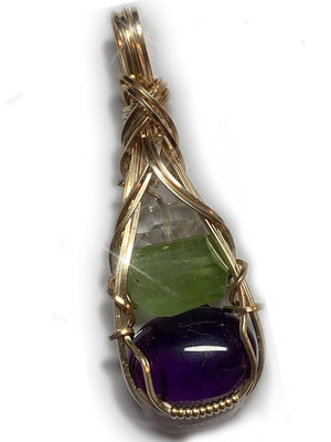 Amethyst Peridot Crystal and Herkimer Diamond Necklace Pendant Sterling Silver Detox Weight Loss Vibration Energy Dtxs1 (Gold-Filled)