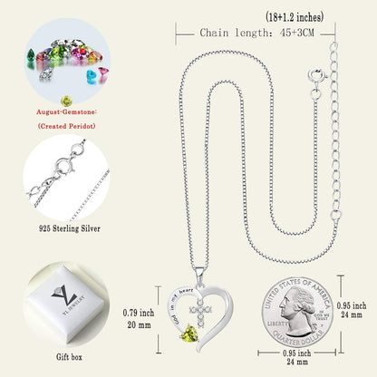 Women'S Heart Cross Necklace 925 Sterling Silver Birthstone Pendant God in My Heart Jewelry