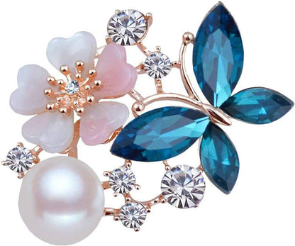 Women Faux Quartz Butterfly Flower Imitation Pearl Brooch Pin Lapel Clip Decoration Festival Birthday Gift- Rose Gold Festival Birthday Gift- Blue