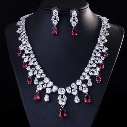 Gloriya Luxury Wedding Bridal Party Jewelry Set for Women White Gold Plated Red Cubic Zirconia Tear Drop Earrings Necklace Sets